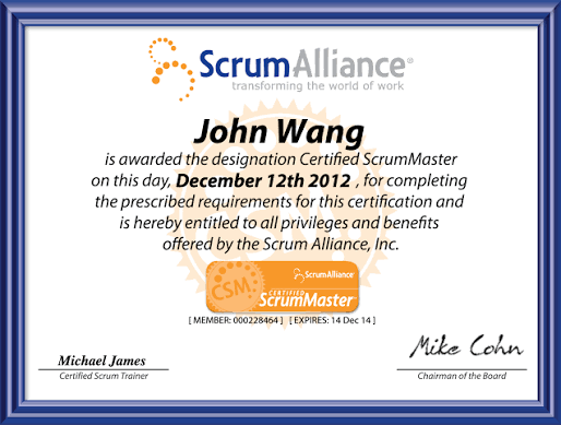 CSM Certification Training | Certified ScrumMaster® certificate sample