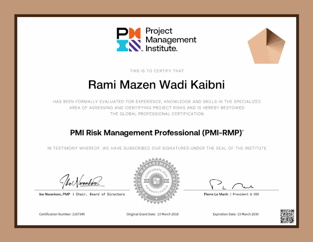 PMI-RMP Certification Training | Risk Management certificate sample