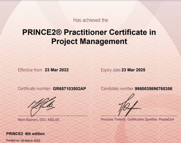 PRINCE2 Practitioner Certification Training (7th Edition) | Accredited certificate sample