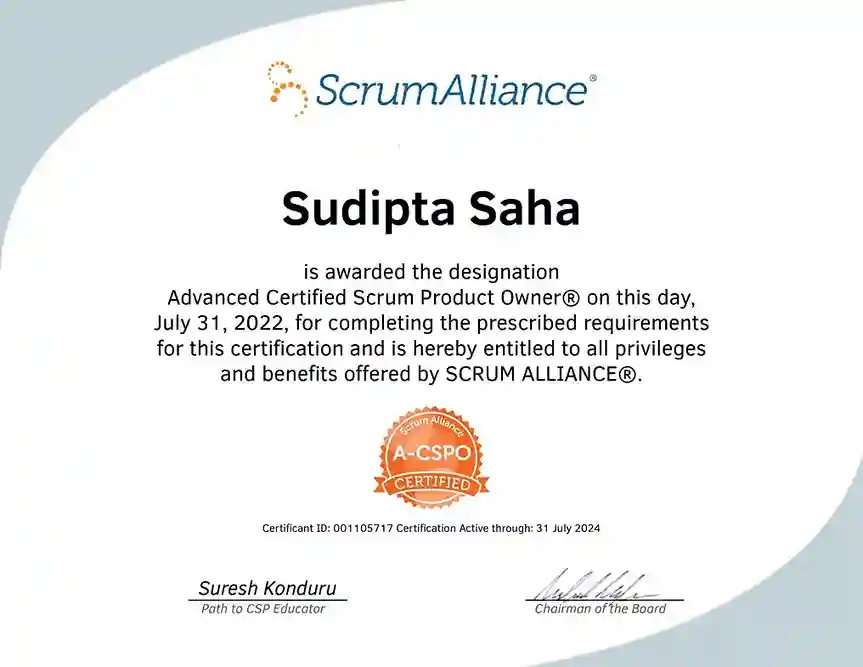 Advanced CSPO certification Training | Hanux Learning certificate sample