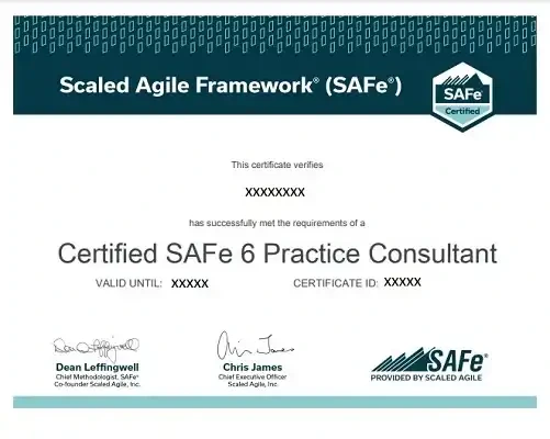 SPC Certification Training - Implementing SAFe | Hanux Learning certificate sample
