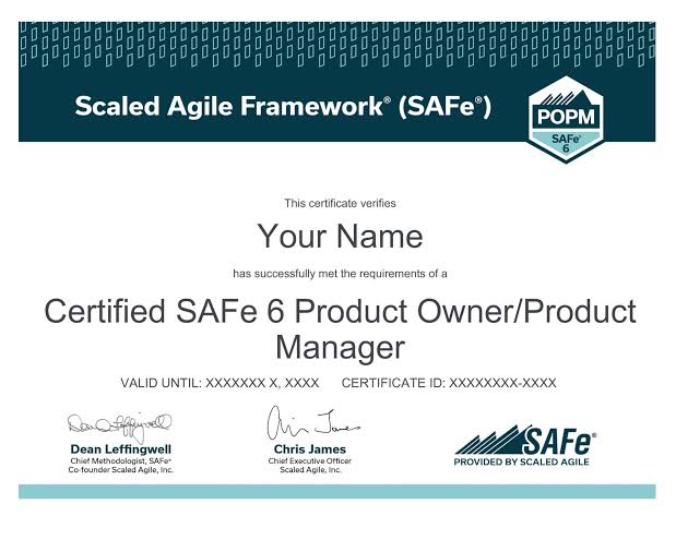 SAFe POPM Certification Training (Product Owner/Product Manager) certificate sample