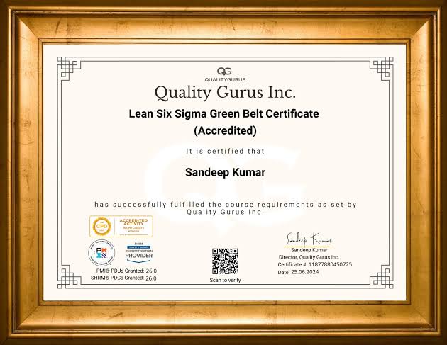 Lean Six Sigma Green Belt Certification Training | Hanux Learning certificate sample
