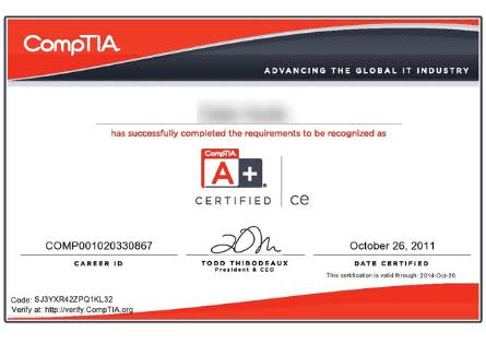 CompTIA A+ Certification Training & Exam Prep (Core 1 & Core 2) certificate sample