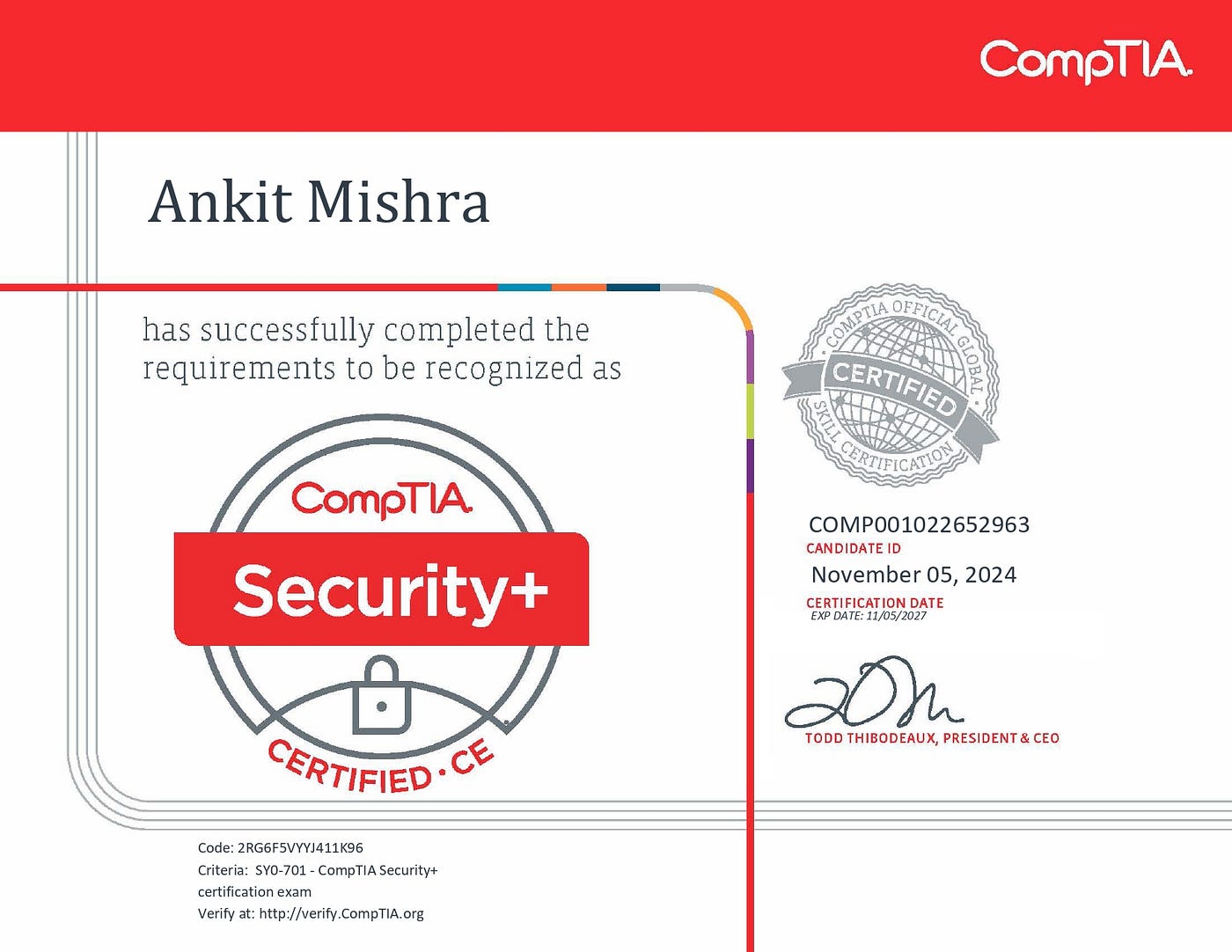 CompTIA Security+ (SY0-701) Certification Training & Exam Prep certificate sample