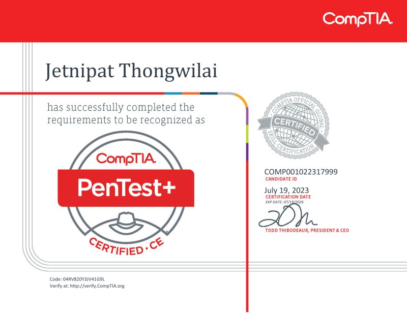 CompTIA PenTest+ (PT0-003) Certification Training & Exam Prep certificate sample