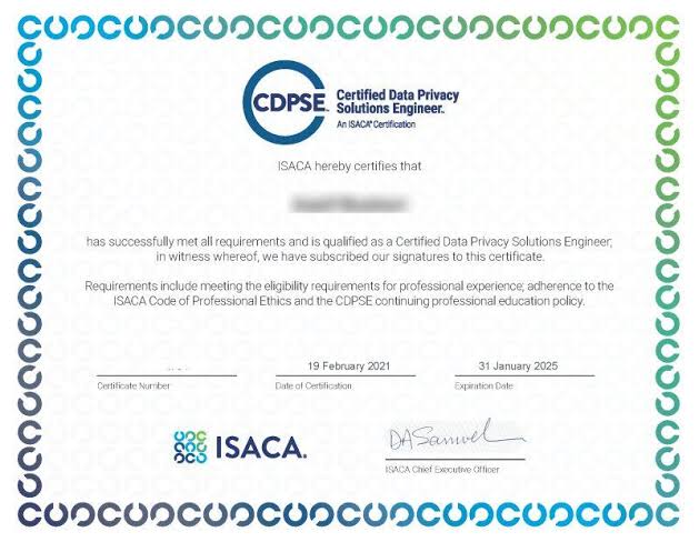 ISACA CDPSE Certification Training & Exam Prep certificate sample