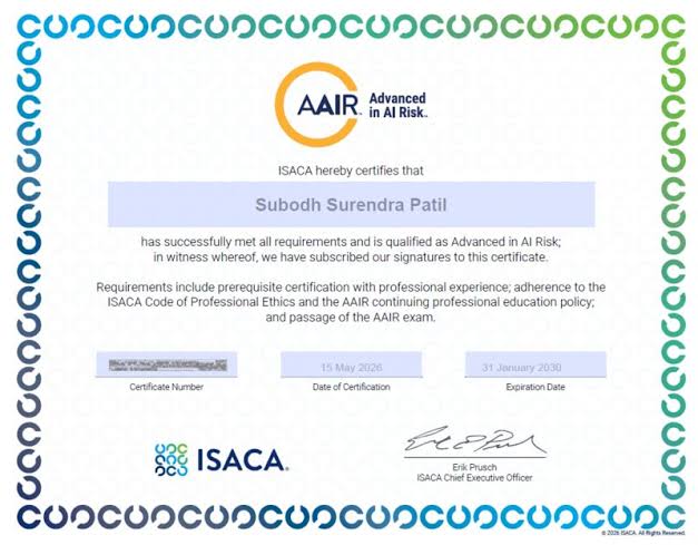 ISACA AAIR Certification Training & Exam Prep (Advanced in AI Risk) certificate sample