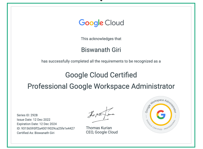 Associate Google Workspace Administrator Training & Exam Prep | Hanux Learning certificate sample