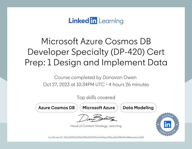 Microsoft Azure Cosmos DB Developer Specialty (DP-420) Training & Exam Prep certificate sample