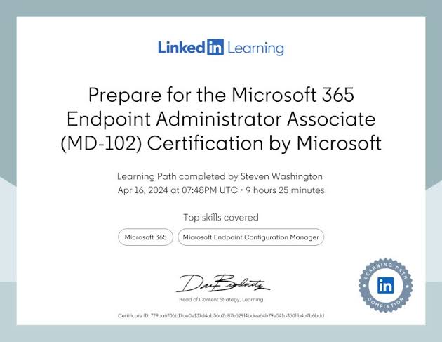 Microsoft 365 Endpoint Administrator (MD-102) Training & Exam Prep certificate sample