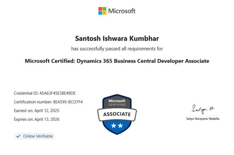 Microsoft Dynamics 365 Business Central Developer (MB-820) Training & Exam Prep certificate sample