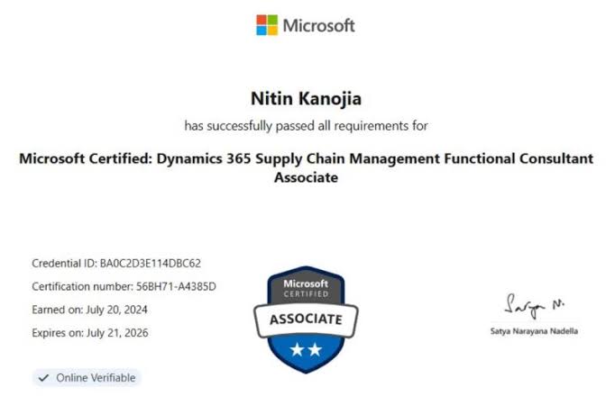 Microsoft Dynamics 365 Supply Chain Management (MB-330) Training & Exam Prep certificate sample