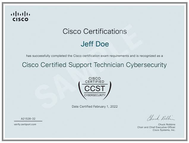 Cisco CCST Cybersecurity (100-160) Training & Exam Prep certificate sample