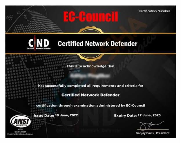 Certified Network Defender (CND v3) certificate sample