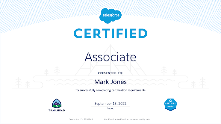 Salesforce Certified Platform Foundations (Associate) Training certificate sample