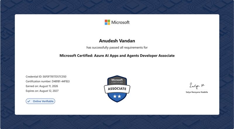 Microsoft Azure AI Apps & Agents Developer Training (AI-103) certificate sample