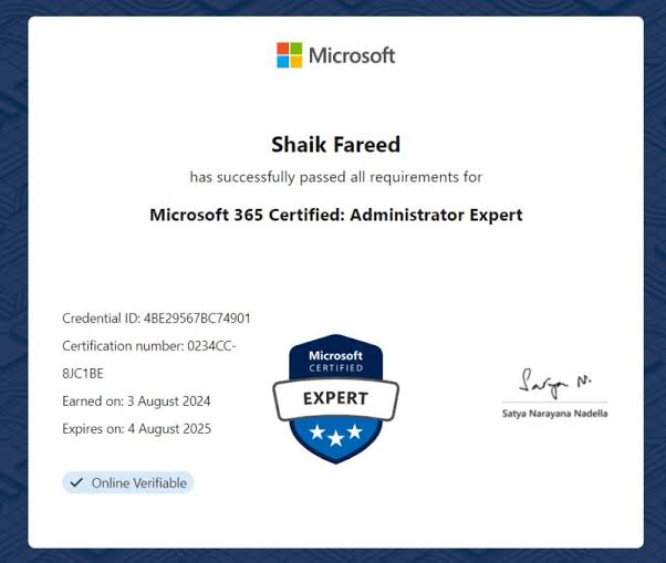 Microsoft 365 Administrator Expert Training (MS-102) certificate sample