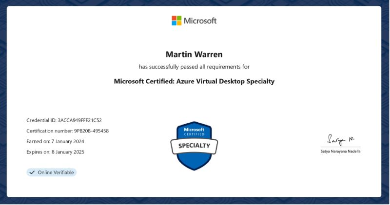 Azure Virtual Desktop Specialty Training (AZ-140) certificate sample
