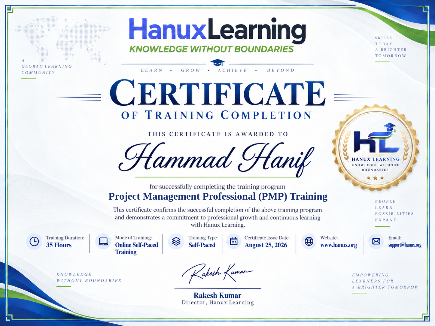 PMP Certification Training Online | 2026 Exam | Hanux Certificate