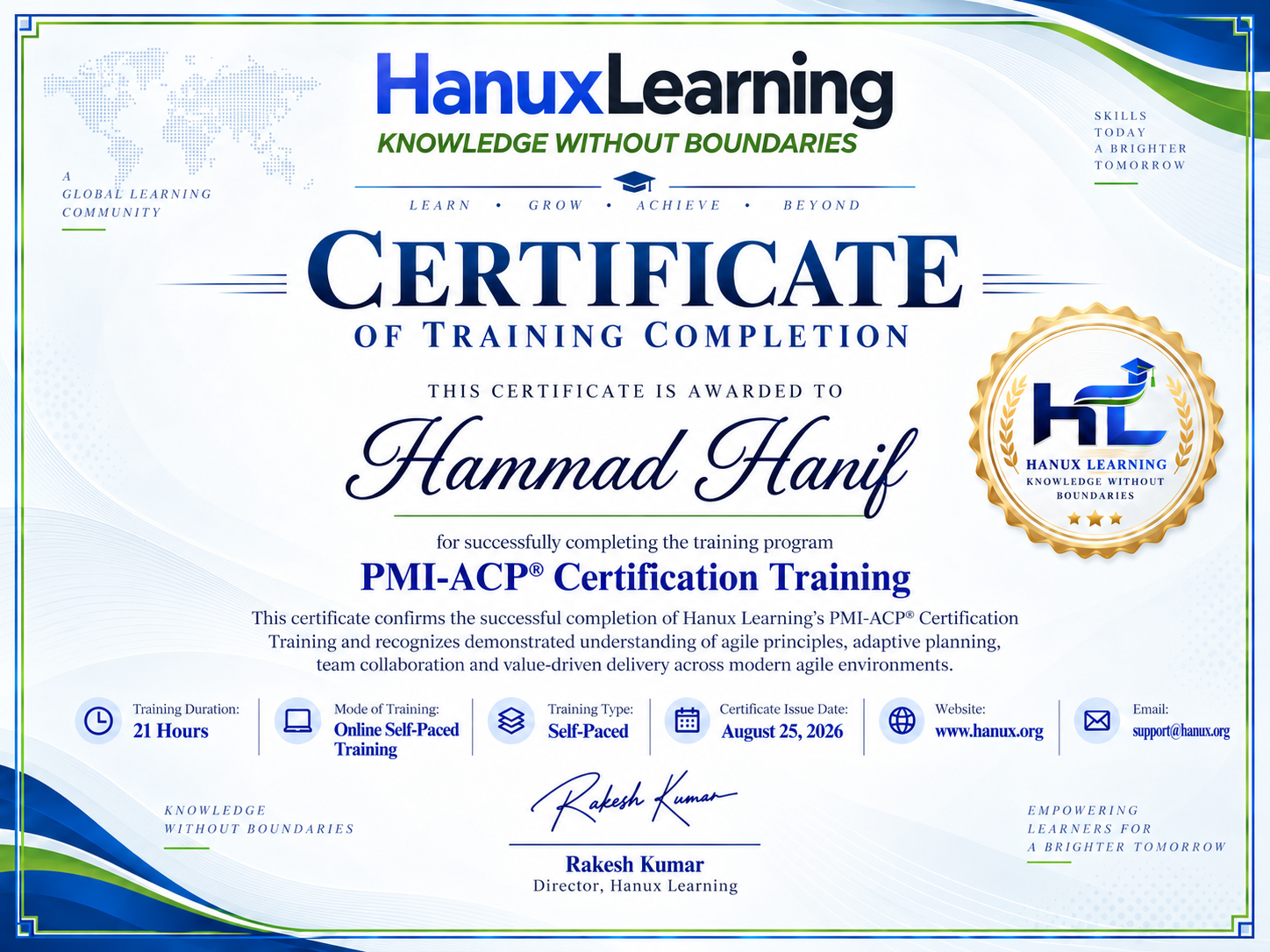 PMI-ACP Certification Training Online | 2026 Exam Prep | Hanux Certificate