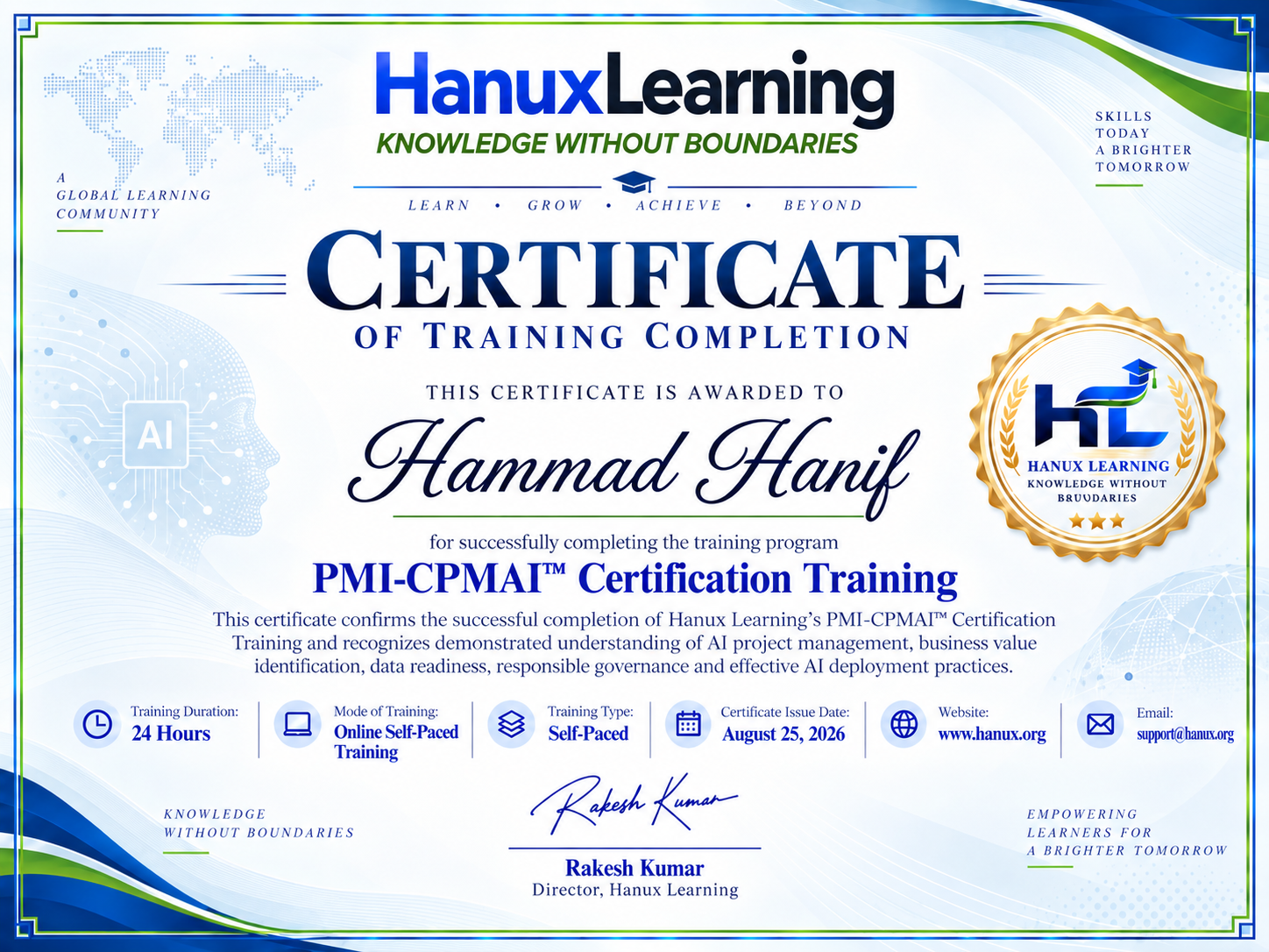 PMI-CPMAI Certification Training | AI Project Management | Hanux Certificate