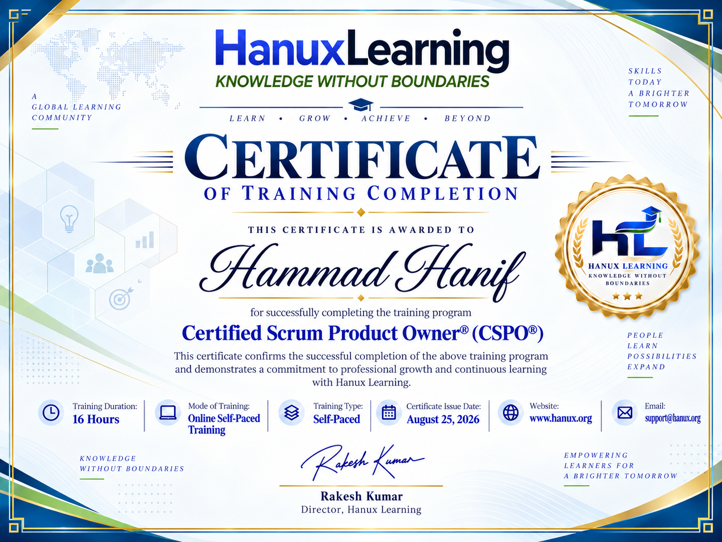 CSPO Certification Training | Certified Scrum Product Owner | Hanux Certificate