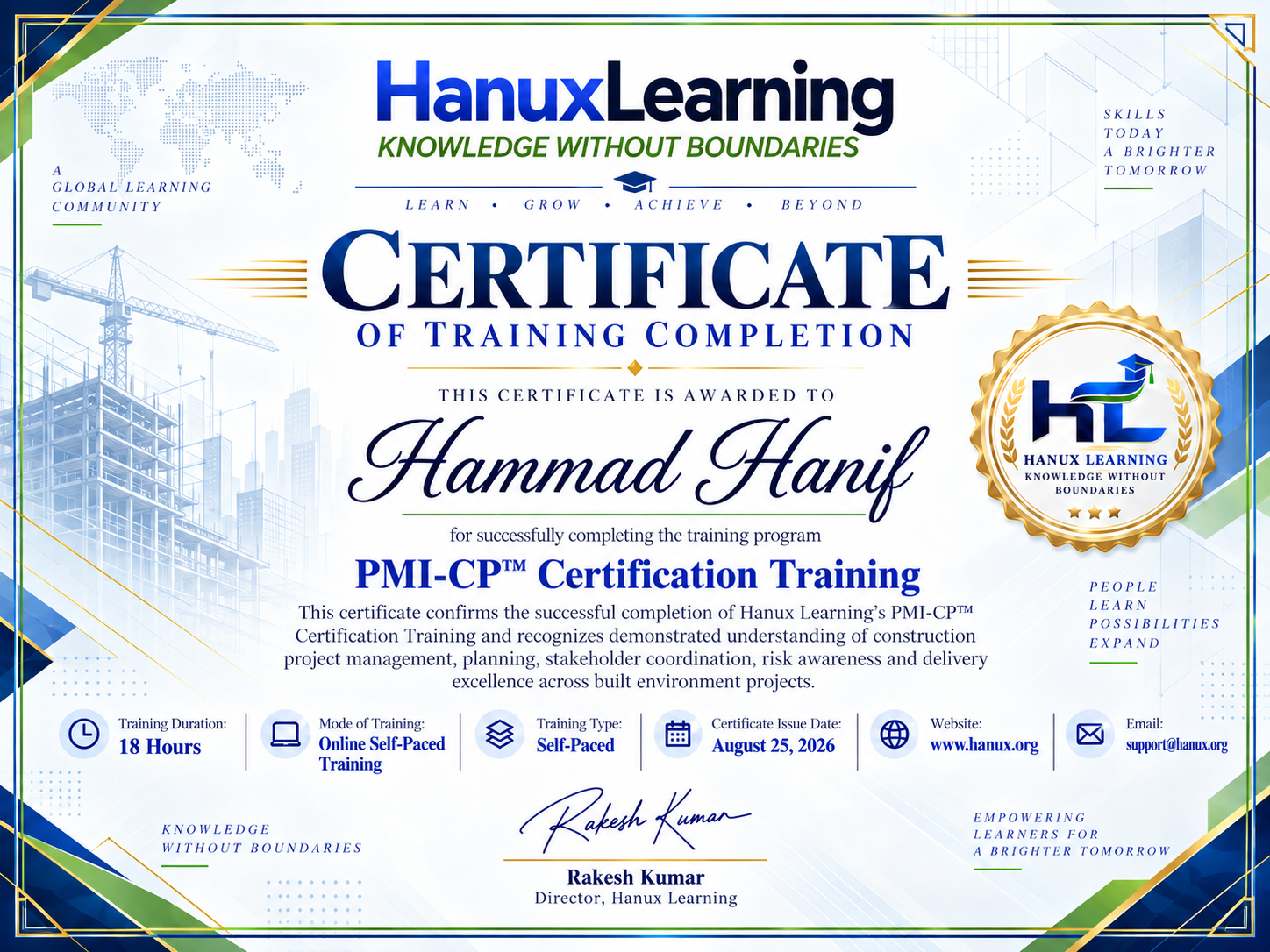 PMI-CP Certification Training | Construction Project Management | Hanux Certificate