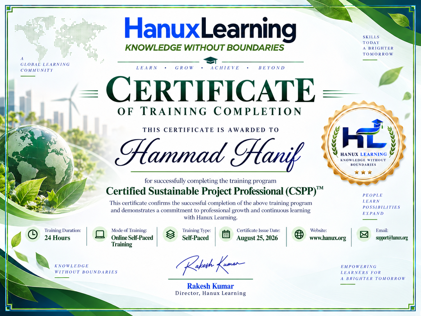 CSPP Certification Training | Sustainable Project Management | Hanux Certificate